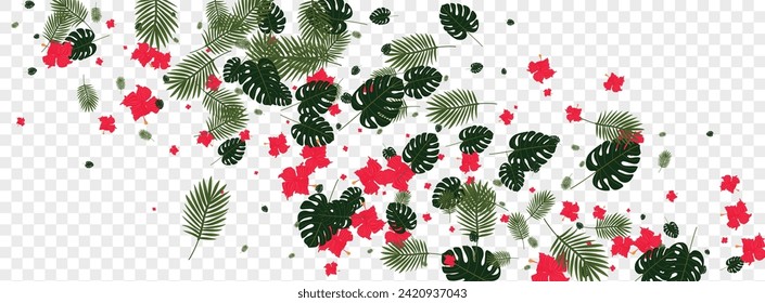 Red Flora Background Transparent Vector. Palm Graphic Card. Yellow Plant. Artwork Design. Light Green Island Pattern.