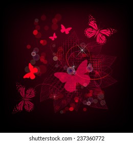 red floral abstraction with butterflies. Vector