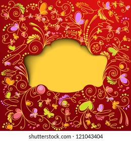 Red floral background. Decorative frame