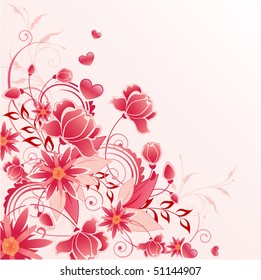 red floral background  with flowers, leaves and ornament