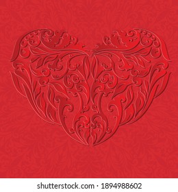Red floral background with heart symbol and shadow. Happy Valentines Day wallpaper for greeting card or invitation posters