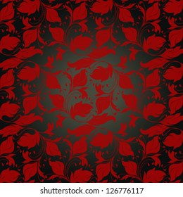 Red floral background with seamless ornament. Vector illustration.