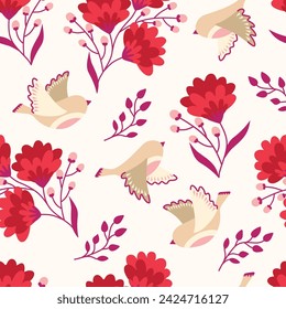 Red Floral and Birds Seamless Pattern