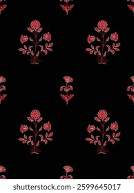 Red floral block print on black background, for textile, wallpaper, gift wrapping.