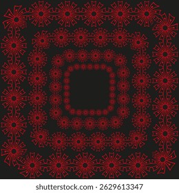 Red floral border. Ornament square frame. Abstract blossom vector. Black background contrast.