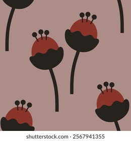 red floral branch with black stems abstract stylized seamless pattern 