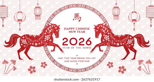 Red floral Chinese New Year 2026 banner with horse silhouette, oriental patterns, lanterns, plum blossoms, decorative frame and inscription in Chinese: horse. Perfect for cards, posters, ads.