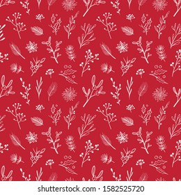 Red floral Christmas wrapping paper. Vector seamless pattern with white floral elements on red background. Beautiful floral pattern with winter berries, flowers and leaves. 