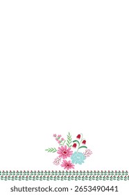 Composición floral roja en estilo plano lindo de la historieta, Ilustración vectorial aislada en el fondo blanco. Ramo de flores de primavera y verano dibujado a mano con margarita, amapola y lavanda.