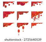 Red floral corner decoration set. Vector oriental fan and flower border elements for Chinese New Year festive design