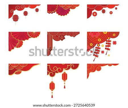 Red floral corner decoration set. Vector oriental fan and flower border elements for Chinese New Year festive design
