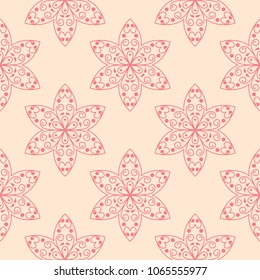 Red floral design on beige background. Seamless pattern for textile and wallpapers