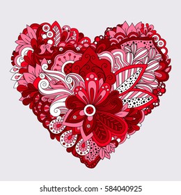 Red floral doodle decorative element in heart shape. Vector illustration