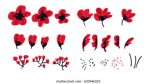 Red floral drawing in freehand style. Abstract hand drawn red flower vector illustration.  Sketch decorative flowers for card, header, poster, book cover. 