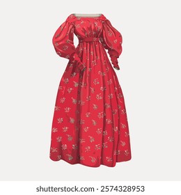 Red floral dress, vintage style. Elegant red dress with floral patterns. Perfect for vintage fashion lovers. Classic red floral dress design. Vintage women’s fashion illustration, vector.