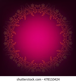 Red Floral Elements With Place For Text. Decorative Round Floral Vintage Backdrop. For Invitation, Wedding Card, Scrapbooking. Christmas Card Design. Red Over Black. Vector Illustration.