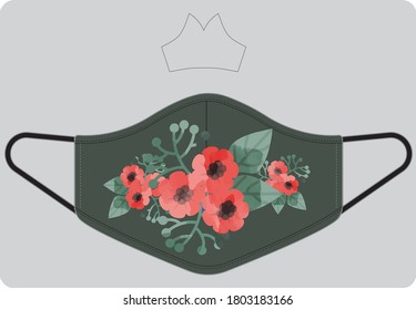 Red Floral face mask for print vector