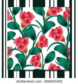 red floral Fashionable seamless tropical pattern with green plants and leaves. Beautiful exotic plants. Trendy summer Hawaii print. Colorful stylish floral. floral background