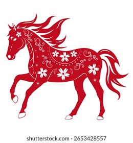 Red floral horse silhouette isolated on transparent background. Decorative folk style vector illustration in red and white. Perfect for Chinese New Year, zodiac, prints, crafts, and festive design.