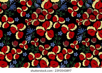 Blumenmuster-Rahmen nahtlos.Rote Blumen Ikat Design Paisley Stickereien mit Blumenmotiven. Ethnische Muster orientalische Tradition. Ikat-Muster nahtlose Vektorgrafik. 