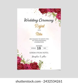 Red Floral Invitation Card Template. Illustrator and designer. Wedding Invites, save the date, Birthday Invites, Video Invites, E-Cards.