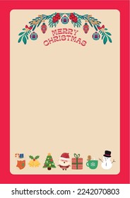 Red floral Merry Christmas Stationary Card with Pine Wreath, Winter plants design illustration for greetings, invitation 2020, flyer, brochure, cover in vector, Christmas Frame Invitation