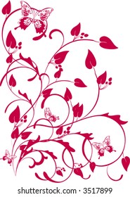 red floral ornament with butterflies - vector