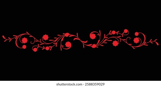 Red floral ornament with intricate swirling vines and delicate flowers on a black background, creating a sophisticated border design. Perfect for artistic, decorative, or ornamental projects.