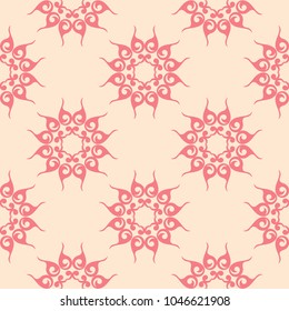 Red floral ornament on beige background. Seamless pattern for textile and wallpapers