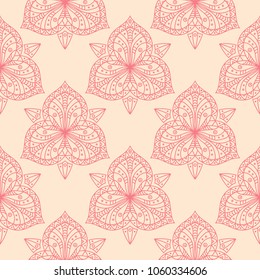 Red floral ornament on beige background. Seamless pattern for textile and wallpapers