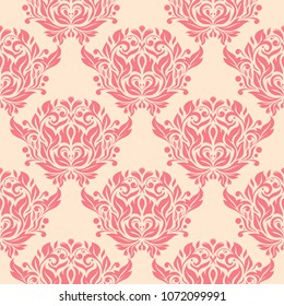Red floral ornament on beige background. Seamless pattern for textile and wallpapers