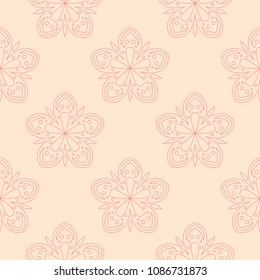 Red floral ornament on beige background. Seamless pattern for textile and wallpapers