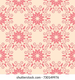 Red floral ornament on beige background. Seamless pattern for textile and wallpapers