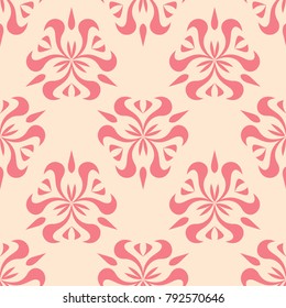 Red floral ornament on beige background. Seamless pattern for textile and wallpapers