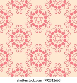 Red floral ornament on beige background. Seamless pattern for textile and wallpapers
