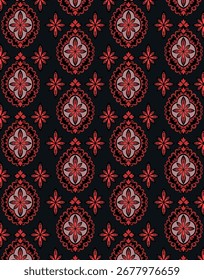 Padrão ornamental floral vermelho sobre fundo preto