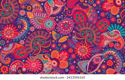 Red floral paisley pattern. Bright indian wallpaper. Decorative backgrounf with big stylized flowers and plants.  Bright seamless paisley pattern. Indonesian batik. 