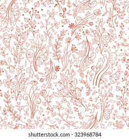 Red floral pattern and decorations, leaves, flower ornaments. Vector seamless background with flowers and plants. Hand draw texture, doodles.