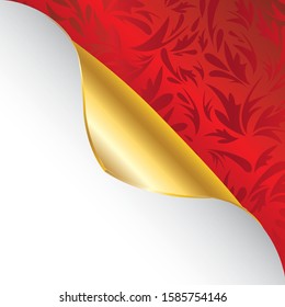 Red floral pattern with gold curled paper corner