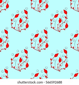 red floral pattern on a blue background, seamless pattern, vector illustration