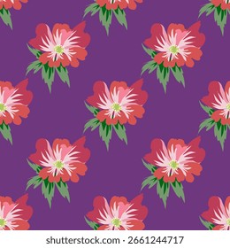 
Red floral pattern on purple background with bold green leaves.
