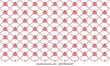 Um padrão floral vermelho é repetido em um fundo branco, com linhas pontilhadas criando um padrão de diamante.