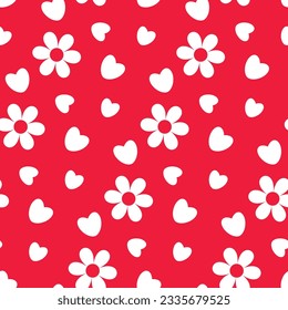 Red floral print for women's fabrics. Monochrome two-tone contrast seamless pattern with white flowers, hearts on scarlet background. Cute texture for feminine and romantic design for Valentine's Day.
