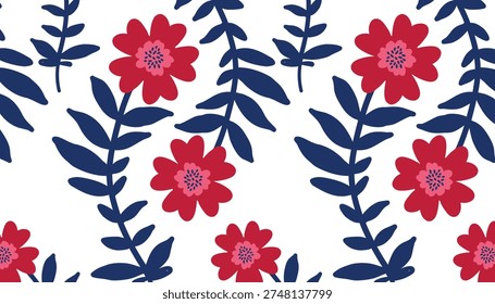 Red Floral Seamless Pattern, Bold Flower Design, Modern Cute Decorative Botanical Background.