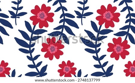 Red Floral Seamless Pattern, Bold Flower Design, Modern Cute Decorative Botanical Background.