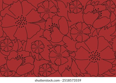 Red floral seamless pattern. Simple hand drawn summer flowers background. Vector aesthetic can used dress fabric bed linen print.