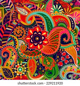 Red floral seamless pattern. Vector indian decorative wallpaper. Batik indonesia. Colorful pattern with paisley and stylized flowers. Design for wrapping paper, web, cover, fabric, textile, home decor