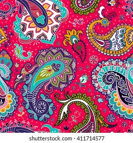 Red floral seamless pattern. Vector indian decorative wallpaper. Batik indonesia. Colorful pattern with paisley and stylized flowers. Design for wrapping paper, web, cover, fabric, textile, home decor