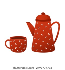 Red Floral Teapot and Matching Cup Isolated on White Background