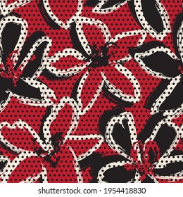 Red Floral tropical botanical seamless pattern dotted background for fashion textiles and graphics